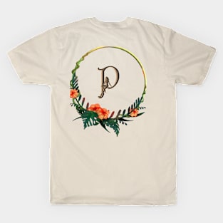 Circular frame with tropical flowers and girl figure on Letter P T-Shirt